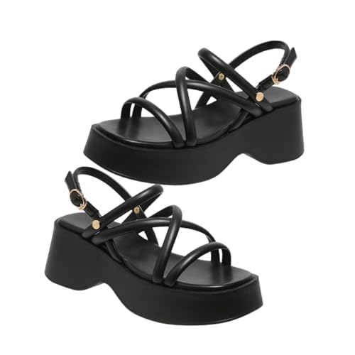 LRXIYODE Damen Wedgesandalen Sommer Sandaletten mit Dicker Sohle Rutschfest Erhöhte Plateau sohle Strand Schuhe für Frauen Schwarz von LRXIYODE