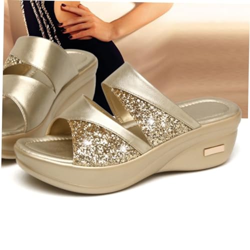 LRXIYODE Damen Wedgesandalen mit Dicker Keilsohle Sommerliche Fischmaul Pantoletten in Gold Outdoor Slipper für Damen Bequeme Einfache Sommerschuhe von LRXIYODE