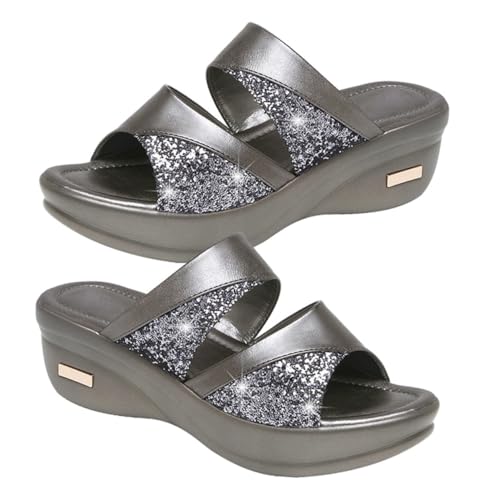 LRXIYODE Damen Wedgesandalen mit Dicker Sohle Graue Sommer Slipper Offene Fischmaul Design für Freizeit und Strand Outdoor Mom Schuhe in Leichte Langlebige Materialien von LRXIYODE