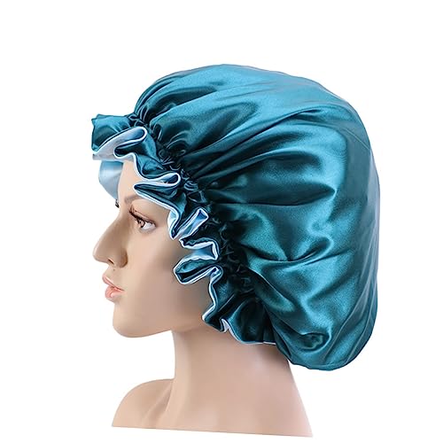 LRXIYODE Doppelschichtige Satin Schlafmütze Für Frauen Große Runde Haube Pfauenblau Angenehm Zu Tragendem Material Haare Beim Schlafen Schützen von LRXIYODE