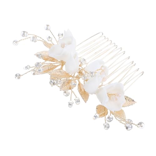 LRXIYODE Eleganter Braut Haarkamm mit Keramischer Blume Künstlichen Perlen und kleinen Perlen Handgefertigter Hochzeitsschmuck Naturinspirierte Blattdetails Funkelnde Accessoires für von LRXIYODE