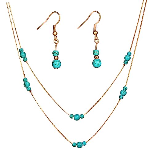 LRXIYODE Elegantes Schmuckset Damen Turmalin Schmuckset mit Doppellagigem Anhänger Halskette und Türkis Ohrringe für Besondere Anlässe Wie Hochzeit Geburtstag Muttertag von LRXIYODE