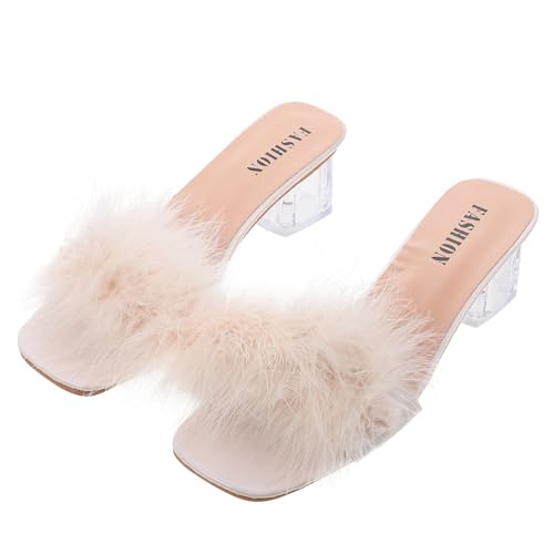 LRXIYODE Fluffy Heels Damen Hausschuhe Futter Sommer Slippers mit Kristallabsatz Bequeme Leichte Sandalen für Alltag Party und Freizeit Modische Outdoor pantoletten in Beige LRXIYODE Fluffy Heels Damen Hausschuhe Futter Sommer Slippers mit Kristallabsatz Bequeme Leichte Sandalen für Alltag Party und Freizeit Modische Outdoor pantoletten in Beige von LRXIYODE