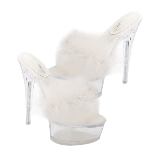 LRXIYODE Fluffy High Heeled Slippers Transparent Crystal Thin Heels Plateau Pumps Damen Sommer Sandalen Elegant Komfortabel von LRXIYODE