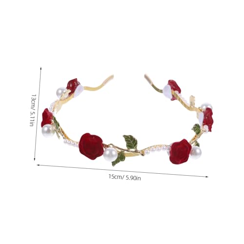 LRXIYODE Handgefertigtes Rotes Rosen haarband mit Perlen und Grünen Blättern Elastischer Haarschmuck für Damen und Mädchen Braut Festkopfschmuck Leichtes Langlebiges Accessoire für von LRXIYODE