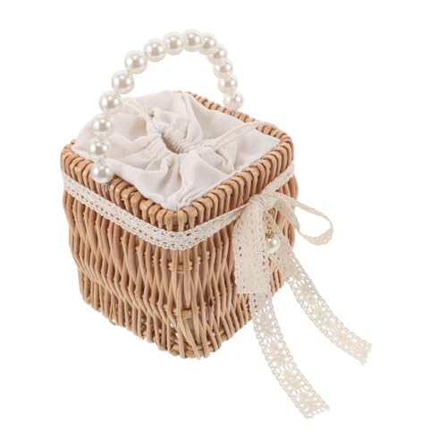 LRXIYODE Handgewebte Damen Strohtasche mit Faux-perlenkette Kleine Quadratische Rattan-handtasche Leichte Wicker Umhängetasche für Sommerurlaub und Strandtage Boho Stil von LRXIYODE
