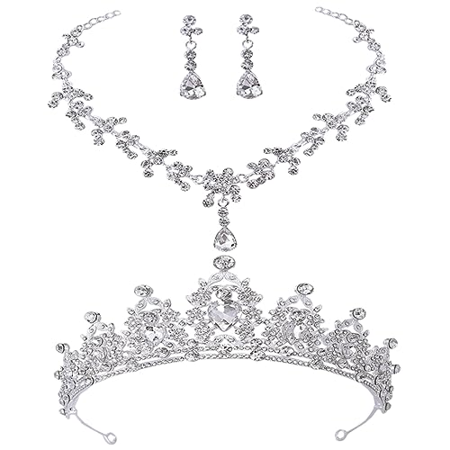LRXIYODE Hochwertiges Brautschmuck Set Teilig mit Strass Tiara Halskette und Ohrringen Silberfarbene Hochzeitsschmuck Damen Accessoires für Festlichkeiten und Besondere Anlässe von LRXIYODE
