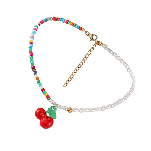 LRXIYODE Böhmische Perlen Halskette für Damen Künstliche Perlen Choker mit Kirschanhänger Bunte Boho Choker Minimalistischer Schmuck für Alltag und Besondere Anlässe von LRXIYODE