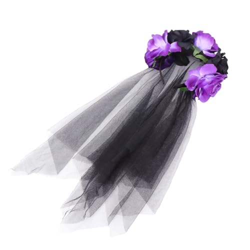 LRXIYODE Künstlicher Rosen Haarreif mit Schleier Schwarz Purpur Halloween Haarschmuck für Party Cosplay Fotorequisiten Leichter Blumenschmuck mit Festem Sitz für Damen von LRXIYODE