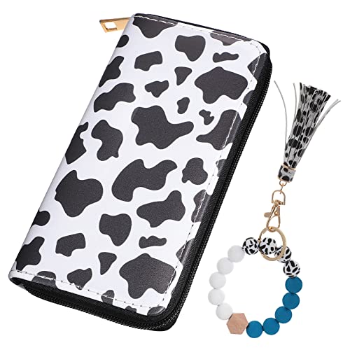 LRXIYODE Geldbörse mit Kuh Print für Damen PU Geldbörse mit Reißverschluss Schlüsselanhänger Satz mit Perlenquaste für Einkaufen und Reisen von LRXIYODE