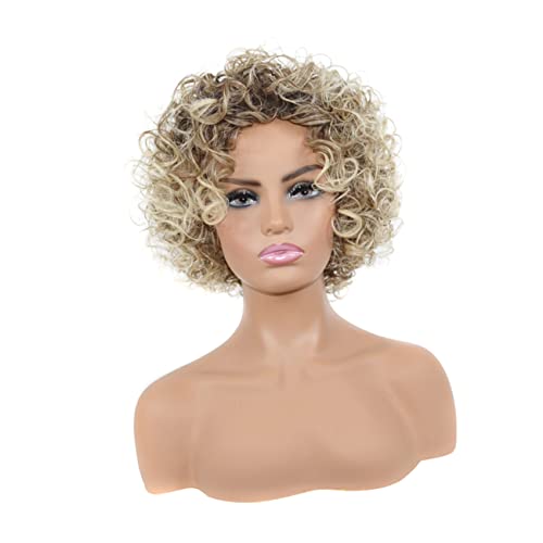 LRXIYODE Kurze Afro Perücke aus Hitzebeständigem Faserhaar Mode Kopfbedeckung für Damen für Täglichen Gebrauch Cosplay und Partys Atemberaubendes Natürliches Aussehen mit Goldenen Locken von LRXIYODE
