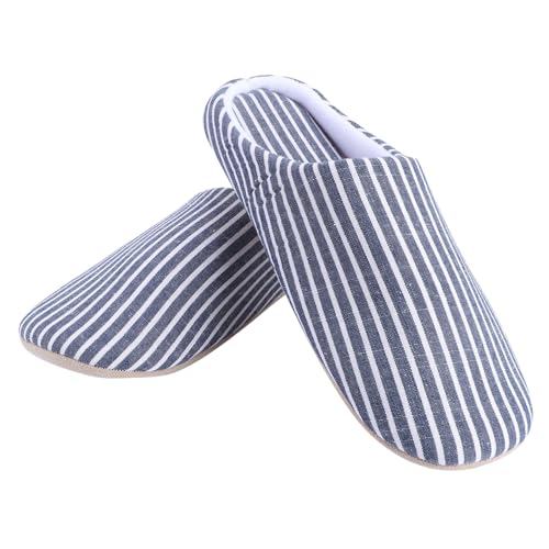LRXIYODE Leichte Weiche Hausschuhe mit Blauem Streifenmuster Japanischer Stil Flauschiges Wärmendes Innenfutter Rutschfeste Flexible Softsohle Passend für Herbst und Winter Zuhause von LRXIYODE