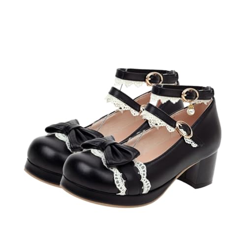 LRXIYODE Lolita Schuhe Damen Hochwertige High Heels mit Schleife Rundkopf Komfortable Atmungsaktive Alltagsschuhe rutschfeste Sohle Eleganter Grober Absatz Schwarz von LRXIYODE