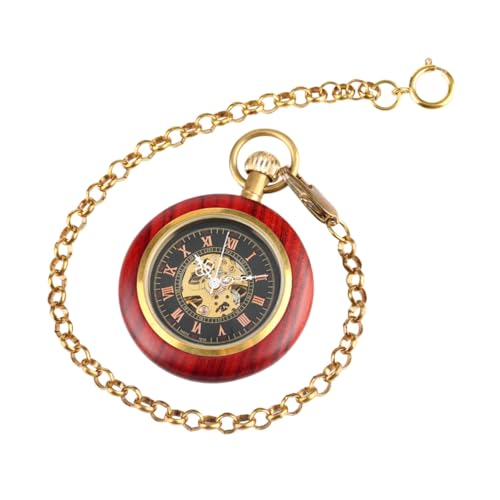 LRXIYODE Mechanische Taschenuhr mit Kette Antike Rote Kupferoptik Holzmaserung Römische Ziffern Langlebige Legierung Präzise Zeitmessung Stilvolle Herrenaccessoire für Alltag und Feier von LRXIYODE
