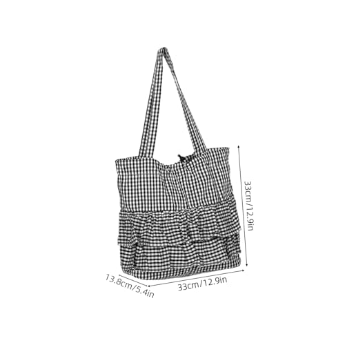 LRXIYODE Plaid Canvas Tote Bag Damen Groß mit Rüschendetails Leichte Schultertasche für Reisen Strand Shopping Arbeit Modischer Muster-Beutel Schwarz von LRXIYODE