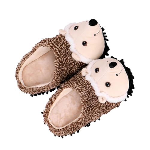 LRXIYODE Plüsch Hausschuhe Damen Winter Warm Gefüttert Cartoon Igel Design Kuschelig Rutschfest Komfortable Indoor Slipper Braun von LRXIYODE