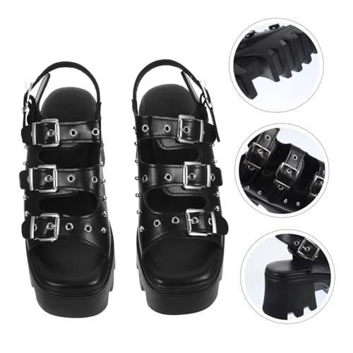 LRXIYODE Punk stil Roman Schuhe Damen Sandalen mit Dicker Sohle und Nieten Modische Plateau High Heels Robust und Rutschfest Angenehm für Alltag und Party Schwarz von LRXIYODE