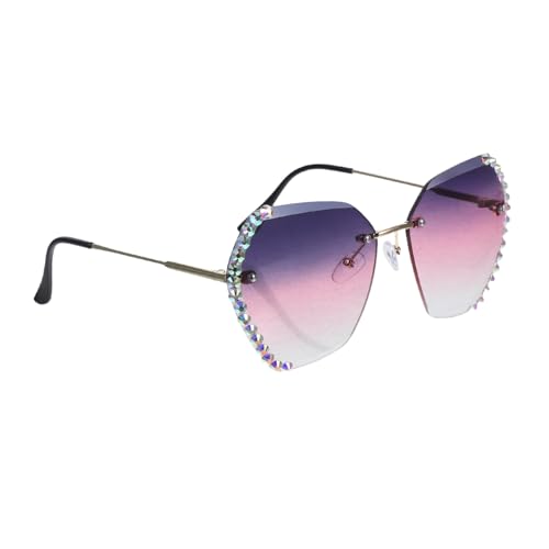 LRXIYODE Randlose Damen Sonnenbrille mit Kristallverzierung Kleine Uv Schutz Brille Blau Gold Leichtes Robustes Design für Alltag und Party Kreative Accessoire Glasögner von LRXIYODE
