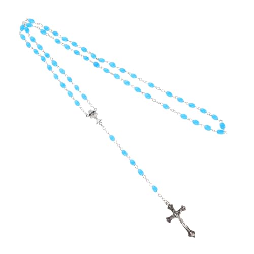 LRXIYODE Retro Glasperlen Rosenkranz Halskette mit Ovalem Kreuzanhänger Modischer Vintage Modeschmuck für Frauen Blaue Perlenkette Symbolische Glaubens Halskette für Alltag und Besondere von LRXIYODE