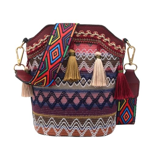 LRXIYODE Rote Bohemia Schultertasche Damen Gewebte Quasten Bucket Bag Modische Crossbody Tasche Vielseitig Verwendbar für Alltag Shopping und Party von LRXIYODE