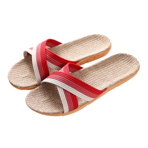 LRXIYODE Rutschfeste Damen Hausschuhe aus Hochwertigem Leinen Indoor Slipper mit Kreuzdesign Atmungsaktiv und Leichte Sommerschuhe Rot von LRXIYODE
