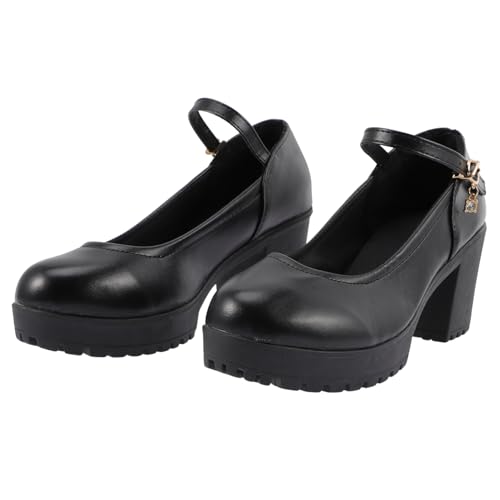 LRXIYODE Schicke Damen High Heels mit Rundem Absatz Schwarzer PU Oberfläche rutschfest Modisch und Vielseitig für Party Arbeit Hochzeit und Alltag von LRXIYODE