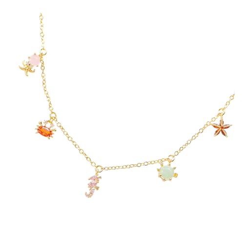 LRXIYODE Schlichte Clavicle Chain Halskette mit Farbigen Zirkonia und Meeres Tier Anhängern Umweltfreundliches Messing Goldplattiert Modischer Strand Schmuck für Damen und Freunde von LRXIYODE