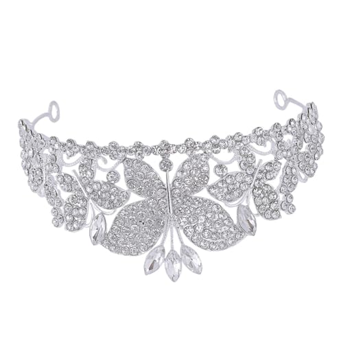 LRXIYODE Schmetterlingskrone mit Strasssteinen Damen Hochzeit Haarschmuck Bequeme Tiara Stirnband Silberfarbene Braut Krone Geeignet für Brautjungfern Festzug Geburtstag und Abschlussball von LRXIYODE