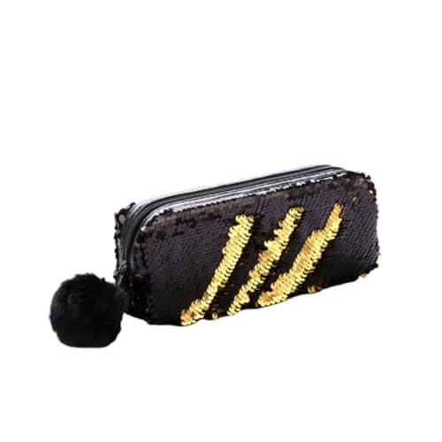 LRXIYODE Schwarze und Goldene Federmappe mit Pompom und Funkelnden Pailletten Wasserabweisend Reißverschlussgesichert Schmink und Kosmetiktasche für Damen und Schüler von LRXIYODE