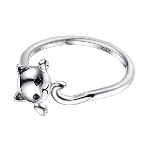 LRXIYODE Sterling Silber Damen Ring Offener Verstellbarer Fingerring mit Liebenswertem Katzenmotiv Kreatives Design Schmuck für Alltag Festival Party von LRXIYODE
