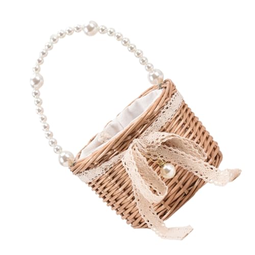 LRXIYODE Strandtasche Damen Stroh Handtasche mit Perlenkette Große Kapazität Leicht und Robust für Sommer Urlaub Party und Alltag Originalholzfarbe von LRXIYODE
