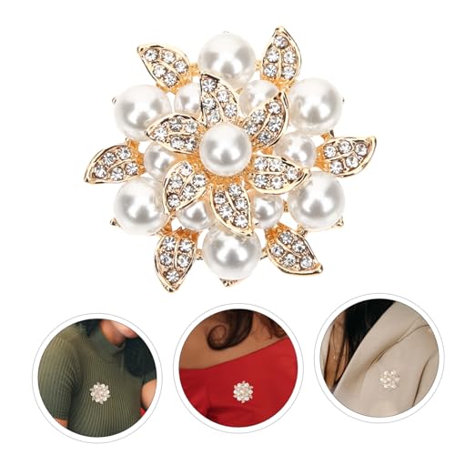 LRXIYODE Strass Brosche Doppelblättrige Blumenform mit Perle Damen Anstecknadel für Kleidung Rucksack Party Hochzeit Schmuck Accessoire Goldfarben von LRXIYODE