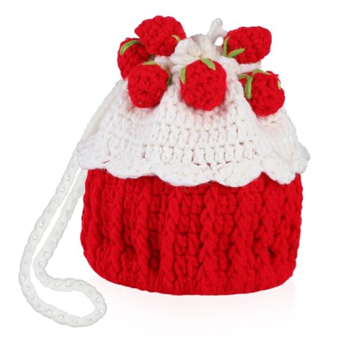 LRXIYODE Stricktasche Erdbeer Kuchen Optik Handgehäkelte Umhängetasche mit Kordelzugverschluss Weiche Handtasche für Teenager Süße Crossbody Tasche als und Alltagstasche von LRXIYODE