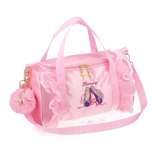 LRXIYODE Tanztasche für Mädchen mit Besticktem Ballettschuh motiv Große Kapazität Seitliche Spitzen mesh Reißfest mit Flauschigem Schlüsselanhänger für Ballett Turnen Sport und Reisen von LRXIYODE