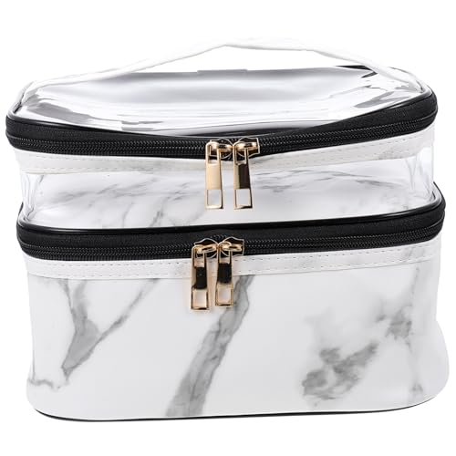 LRXIYODE Transparente PVC Kosmetiktasche Weißer Marmor Doppelstöckig Reise Kulturtasche mit Reißverschluss Große Aufbewahrung für Make Up und Toilettenartikel Damen Toiletry Pouch von LRXIYODE