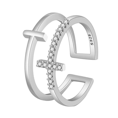 LRXIYODE Verstellbarer Damenring mit Funkelnden Strasssteinen Offener Kreuz Ring in Weißgold Gotischer Christlicher Schmuck Modisches für Geburtstag und Hochzeit von LRXIYODE
