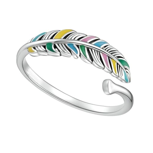 LRXIYODE Verstellbarer Offener Damenring aus Sterling Silber mit Farbigem Regenbogen federdesign Modisches Langlebiges Schmuckstück Hautfreundlich und Elegant für Frauen von LRXIYODE