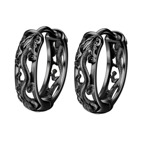 LRXIYODE Vintage Drachen Ohrringe Herren Ethnic Dangle Loop Earrings Kleine Runde Ohrhänger Handgefertigt Alltags und Festival Schmuck Schwarz von LRXIYODE