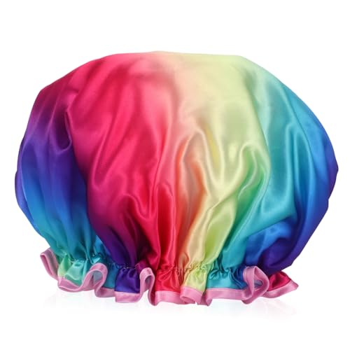 LRXIYODE Wasserdichte Doppellagige Duschhaube aus Satin Regenbogenfarben Wiederverwendbar für Damen und Herren Vielseitig für Dusche Schwimmen Geeignet von LRXIYODE