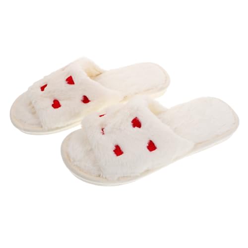 LRXIYODE Weiche Damen Hausschuhe Weiß Plüschpantoffeln mit Herzmotiv Rutschfeste Gummisohle Offene Zehen Warme Indoor Outdoor Slipper von LRXIYODE