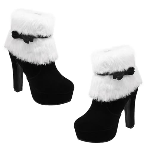 LRXIYODE Weihnachtliche Damen Ankle Boots mit Hohem Absatz Plüschfutter Seitlichem Reißverschluss und Schleifenverzierung Modische Kurzstiefel für Winter und Festtage Schwarz von LRXIYODE