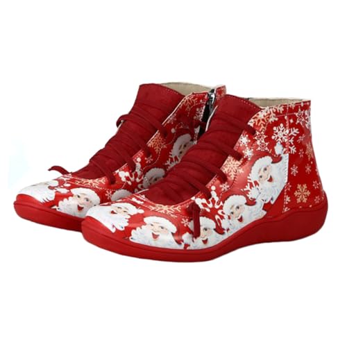LRXIYODE Weihnachtliche Damen Kurzstiefel Rot mit Weihnachtsmann Motiv Bequeme Casual Schuhe für Herbst Winter Festliche Xmas Boots für Alltag und Party von LRXIYODE