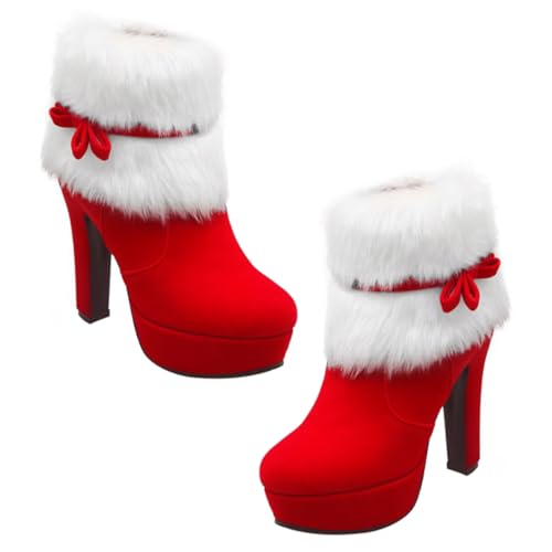 LRXIYODE Weihnachtliche Damen Stiefeletten mit Hochhackigem Plateau Kuscheligem Seitlichem Reißverschluss und Rutschfester Gummisohle Warm Gefüttert für Winterliche Festtage Rot von LRXIYODE