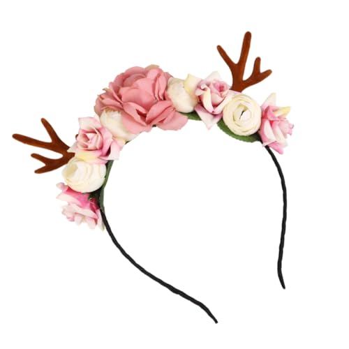 LRXIYODE Weihnachtlicher Haarreif mit Elastischem Geweih und Blumen Dekoration Robustes Material Festliche Haarschmuck für Mädchen Geeignet für Fasching Cosplay und Schulaufführungen von LRXIYODE