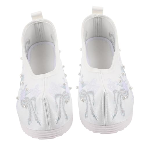 LRXIYODE Weiße Bestickte Brautschuhe mit Absatz Hanfu Hochzeits Tanzschuhe für Frauen Ethnische Flache Hochzeitsschuhe mit Elegantem Stickmuster Komfortabel und Festlich von LRXIYODE