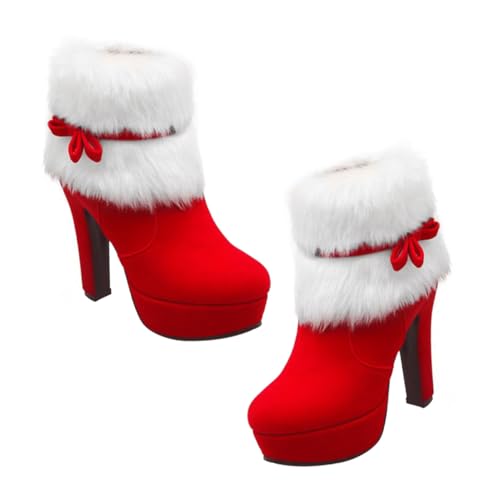 LRXIYODE Winter Damen Ankle Boots mit Hohem Absatz Kuscheliges Plüschfutter Rote Kurzstiefel mit Schleifenverzierung Rutschfeste Plattform Warme Winterschuhe für Kalte Tage und Weihnachten von LRXIYODE