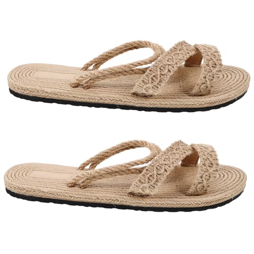 LRXIYODE Womens Strohsandalen Flach Sommer Schuhe mit Geflochtenem Design Bequeme Pantoletten Damen Natürliche Modische Sandalen für Strand und Alltag Beige von LRXIYODE
