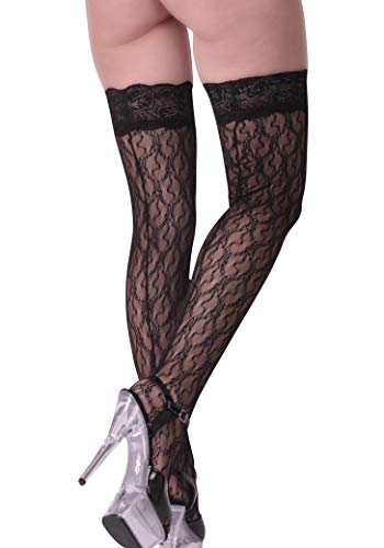 Damen Dessous halterlose gemusterte Strümpfe aus Spitze und Netz in schwarz Stockings mit Silikonstreifen Nahtstrümpfe Größe T5/6 von LS Dessous