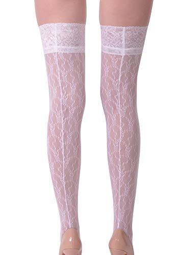 Damen Dessous halterlose gemusterte Strümpfe aus Spitze und Netz in weiß Stockings mit Silikonstreifen Nahtstrümpfe Größe T5/6 Damen Dessous halterlose gemusterte Strümpfe aus Spitze und Netz in weiß Stockings mit Silikonstreifen Nahtstrümpfe Größe T5/6 von LS Dessous