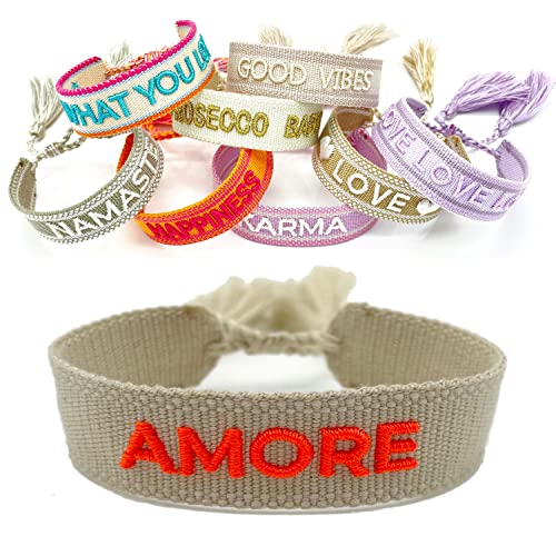 LS-LebenStil Exklusives Statement Armband - das Original - Amore Beige Orange 16-20cm Quasten besticktes Boho Canvas Webarmband Damen Freundschaftsarmband Geschenk gewebt textil Stoffarmband von LS-LebenStil